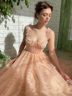 Lace Tea Length Dress, Teuta Matoshi, Behind Blue Eyes, Special Occasion Gowns, Flora Dress, Bridal Jumpsuit, Spaghetti Strap Prom Dress, Wedding Dresses With Flowers, Wedding Flower Girl Dresses