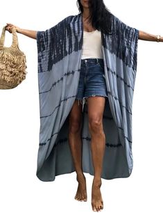 PRICES MAY VARY. One-size beach bathing suit cover up with a long design, flowy casual oversized loose fitting. Length: 53.2" Shoulder: 40.9" This open-front kimono cardigan features roomy sleeves, bohemian style, and irregular tie-dye striped printing that's chic and stylish. This kimono cover up is made of soft and comfortable fabric, lightweight, breathable, and easy to put on and take off, making it the perfect sunscreen. Be used as a casual cover up, over a simple undershirt or jeans in dai Long Oversized Cardigan, Kimono Beach Cover Up, Plus Size Bohemian, Cardigan Kimono, Beach Kimono, Summer Kimono, Bat Sleeve, Boho Kimono, Long Kimono