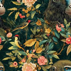 an image of monkeys and flowers on a green background