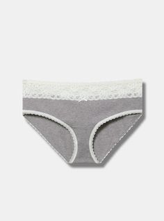 FIT Mid rise. Medium coverage. MATERIALS + CARE Stretch cotton knit fabric. . 95% cotton, 5% spandex. Machine wash cold. Dry flat. Imported. DETAILS Scalloped wide lace waistband. The best plus size women's cotton mid rise hipster lace trim panty panties in heather grey made of cottonspan. Rock your look from Torrid to Festivals like Coachella and Lollapalooza, a concert, a show, or just for fun! Stretch Cotton Gray Bottoms, Stretch Gray Cotton Bottoms, Gray Stretch Cotton Bottoms, Casual Lace Trim Brief Bottoms, Cotton Lace Trim Sleep Bottoms, Gray Seamless Cotton Bottoms, Feminine Lace Trim Brief Bottoms, Black Beachwear, Cotton Lace Trim Briefs