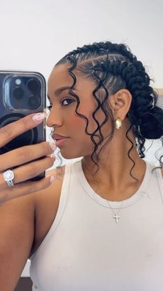 Dry Curls Hairstyles For Black Women, Braid Front Hairstyles, Two Braids Bun Hairstyle, Feedin Goddess Braids, Summer Cornrows For Black Women, Four Braids With Curls, Braided Bun Styles For Black Women, Goddess Cornrow Braids With Curls, Goddess Cornrows Buns