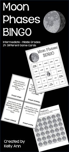 the moon phases bingo game is shown in black and white