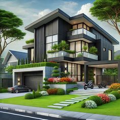 a large modern house with lots of plants and flowers on the front lawn, surrounded by greenery