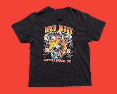 Y2K vintage Myrtle Beach Bike Week t-shirt. Based on our hand measurements, the recommended modern unisex size for this garment is LARGE. HOWEVER, you should review the garment's actual measurements provided in the photos prior to purchasing. To ensure correct fit, we recommend comparing those measurements with the measurements of a similar garment in your closet. Biker Style T-shirt For Summer Streetwear, Black Biker T-shirt For Summer, Casual T-shirt With Front Print For Biker Events, Biker Style Streetwear T-shirt For Summer, Summer Biker Cotton T-shirt, Cotton Biker T-shirt, Summer Biker Style Cotton T-shirt, Biker Style Cotton T-shirt, Graphic Print Tops For Biker Events In Summer