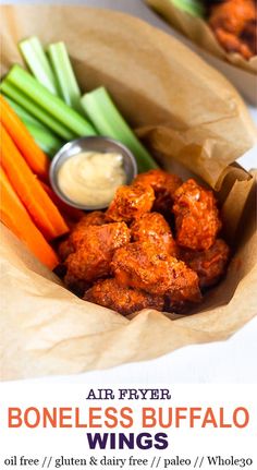 the flyer for an air fryer boneless buffalo wings dinner with carrots and celery sticks