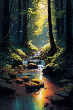 a painting of a stream running through a forest