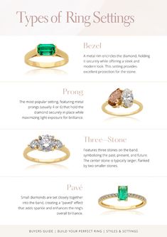 three different types of engagement rings and their price tags are shown in the above image