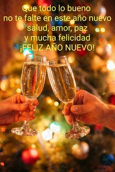 two people toasting champagne glasses in front of a christmas tree with lights on it