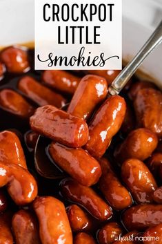 crockpot little smokies in a white bowl with spoon and text overlay