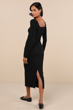 The flirty vibes that radiate from the Lulus Certainly Darling Black Ribbed Long Sleeve Midi Dress will make it the perfect pick for meeting up with your crush! Stay cute and comfortable all day long with this stretchy ribbed knit dress that features long sleeves and a scoop neckline with scalloped lace trim and a dainty rosette detail at the center. The bodycon silhouette will effortlessly flaunt your figure as it falls to a chic midi hem with a convenient kick pleat at the back. Fit: This garm Black Ribbed Dress In Elastane, Black Ribbed Elastane Dress, Fitted Black Dress For Loungewear, Flirty Stretch Midi Dress With Long Sleeves, Fitted Flirty Dress For Loungewear, Kick Pleat, Ribbed Knit Dress, Sleeve Midi Dress, Your Crush