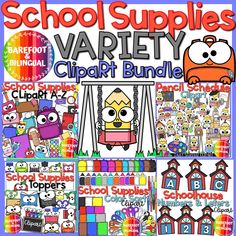 the school supplies variety clipart bundle includes an assortment of items for children to use