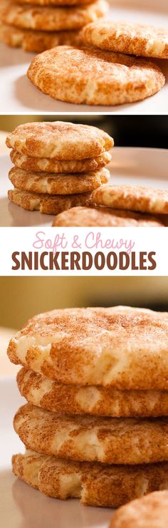 several pancakes stacked on top of each other with the words sweet & creamy snickkerdoodles