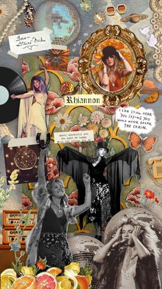 an altered collage with various pictures and words on it's side, including two women in black dresses