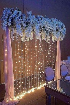 wedding decoration with white flowers and lights