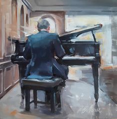 a painting of a man sitting at a piano