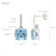 Description These 14k solid gold gemstone earrings feature dazzling aquamarine drops accented with sparkling diamonds. Designed with push-back closures for a secure fit, they make a perfect gift for March birthdays or any special occasion. Elevate your style with these timeless, lightweight dangle earrings that exude sophistication. Product Details SKU CJ E 1162A AQ Metal 14K solid gold Closing mechanism Push back Product dimension 12.5 MM X 6.2 MM X 12 MM Birthstone March Certification - Aquama Aquamarine Jewelry With Diamond Accents For Gift, Gift Aquamarine Jewelry With Diamond Accents, Gift Jewelry With Diamond Accents And Aquamarine, Cushion Cut Gemstone Earrings For Gift, Light Blue Gemstone Earrings - Fine Jewelry, Light Blue Aquamarine Jewelry With Diamond Accents, Fine Jewelry With Light Blue Diamond Accents, Fine Jewelry Light Blue Jewelry With Diamond Accents, Fine Jewelry Light Blue With Diamond Accents