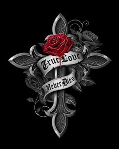 a cross with a rose on it and the words true blood written in black ink