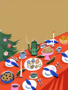 a red table topped with plates and cups filled with food next to a christmas tree