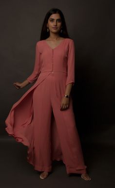 Pink Flared Kurta With Pants FABRIC DETAILS: TOP COLOR - PINK, TOP FABRIC - GEORGETTE BOTTOM COLOR - PINK, BOTTOM FABRIC - GEORGETTE Front Neck Designs Kurti, Kurti Models, Georgette Jumpsuit, Sicilian Summer, Georgette Kurta, Kurta Palazzo Set, Pink Kurta, Indian Designer Suits, Kurti Set