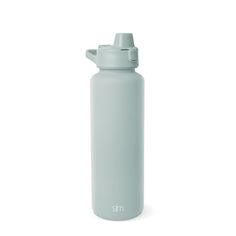 thermos water bottle in light blue is shown on a white background with no lid