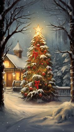 a painting of a christmas tree in the snow