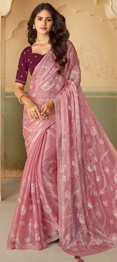 Pink and Majenta color Saree in Organza Silk fabric with Embroidered, Resham, Stone, Thread work Festive Saree With Intricate Embroidery For Ceremony, Ceremonial Saree With Intricate Embroidery, Semi-stitched Saree With Zari Work For Ceremony, Festive Ceremony Saree With Intricate Embroidery, Ceremonial Saree With Cutdana In Traditional Drape, Resham Embroidery Saree For Ceremony, Pink Saree With Zari Work For Ceremonies, Ceremony Embroidered Saree With Pallu, Ceremony Saree With Embroidered Pallu