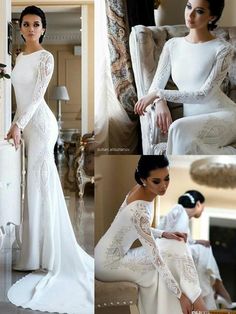 the woman is posing in her white wedding gown and dress with long sleeves on it