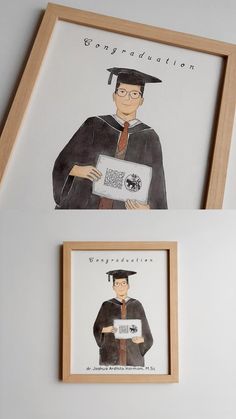 two framed pictures of people in graduation gowns, one holding a book and the other wearing a cap and gown