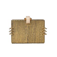 Kendra in Gold is a true embodiment of sophistication and style. This remarkable gold box clutch is designed to captivate, with its unique golden snakeskin that adds a touch of opulence to your ensemble.The bag features a striking ivory resin closure, not only securing your belongings but also enhancing the overall ele Designer Gold Rectangular Clutch, Modern Gold Rectangular Clutch, Gold Clutch Bag, Snake Skin Handbag, Classic White Shirt, Leopard Print Coat, Gold Clutch, Bold Accessories, Box Clutch