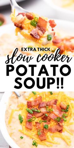 this slow cooker potato soup is loaded with bacon and cheese