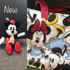 Includes: 1. Nwot Disney Store Minnie Mouse "Art Transformation" Canvas Tote Bag 100% Cotton Bag With Polyester Printed Lining All Over Minnie Mouse Print On A White Background Red Handles Fully Lined With 1 Zipper Pocket No Closures For The Bag Itself Base Measurements 14" W 6.5" D Bag Measurements 19" W 12.5" H Handle Drop 8" 2. Euc Minnie Mouse Pie Eyed Vintage Plush! 11” Height, Wearing Red Hat With A Flower, Cute Little Scarf Polka Dot Skirt And Red Shoes. Playful Mickey Mouse Bags For Disney Trips, Red Minnie Mouse School Bag, Playful Minnie Mouse Travel Bag, Playful Bags With Character Print For Everyday Use, Playful Everyday Bags With Character Print, Playful Character Print Bags For Everyday Use, Minnie Mouse Multicolor Travel Bags, Cute Mickey Mouse Bags For Travel, Red Minnie Mouse Bag For Gift