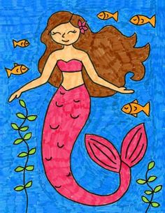 a drawing of a mermaid with fish on it's back and her hair blowing in the wind