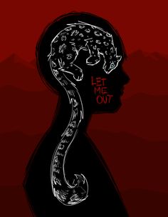 a woman's head with the words let me out written in red and black