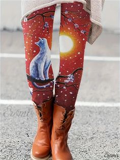 Eromis - Womens Fashion Leggings: Fox & Floral Print Skinny Design, Comfy Elastic Waistband, Stretchable Fabric Fleece Pants Women, Plain Leggings, Squat Proof Leggings, Hip Style, Warm Leggings, Stylish Coat, Halloween Fabric, Stretchy Leggings, Fashion Tights