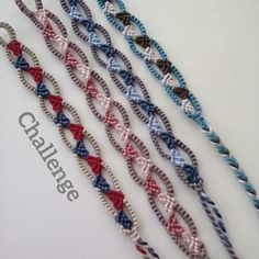 four different colored braided bracelets are shown in three rows, one with an american flag design on it