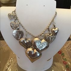 Necklace With 8 Silver Hearts (I Made This Several Years Ago)I Have Collected This Hearts Thru The Years. One Is A Locket. I Think The Necklace Is Silver But Is Not Stamped Some Of This Hearts Are Vintage. The Big One Has A Little Bangs On It But You Can Wear It On The Other Side. 16 Inch Necklace, The Big One, The Other Side, Silver Heart, Locket, Womens Jewelry Necklace, Bangs, Size 16, Jewelry Necklaces