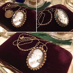 "Beautiful hand carved Abalone & Mother of Pearl shell Cameo Pin Brooch Pendant & chain necklace, crafted out of 14k solid shiny yellow gold ON SALE ORIGINALLY PRICED $398- Total Weight 8.1 grams 14k yellow gold chain measures 20\"inches in length x 1mm wide Stamped & Hallmarked \"14kt NC\" The 14k yellow gold frame, is fashioned in a twisted rope style smooth pattern, and finishes with a c spring clasp The delicately carved cameo portrays the profile of a lovely woman, with her hair Antique Yellow Gold Necklace With Cabochon, Antique Carved Yellow Gold Jewelry, Luxury Gold Cameo Necklace, Victorian Carved Jewelry For Gifts, Intaglio Pendant Necklace For Wedding, Victorian Carved Jewelry Gift, Vintage 14k Gold Carved Jewelry, Vintage Carved 14k Gold Jewelry, Carved 14k Gold Jewelry