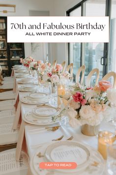 an image of a table set up for a birthday party with flowers and candles on it