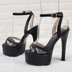 Black Sparkling Rhinestones Approx. 2.5" Platform With A 6.5" Heel Sexy Ankle Strap With Buckle Closure New In Box Photos Taken With And Without Flash Black Platform Heels For Prom, Glamorous Black Heels For Party Season, Rhinestone Ankle Strap Heels For Night Out, Bling Heels For Night Out With Round Toe, Ankle Strap Heels With Rhinestones For Night Out, Night Out Heels With Bling, Black Embellished Heels For Party Season, Ankle Strap Heels With Bling For Night Out, Party Season High Heels With Bling