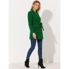 The long trench coat is shaped in a classic double-breasted cut. This soft, elegant coat with a tie around the waist detail is a classic look and will keep you warm in the cool weather. Whether you want to dress up your look or just stay warm in casual winter, it is a better choice for you. The self-tie belt style is flattering and fits more different body shapes. Belted Wool Coat With Lapel Collar For Spring, Chic Belted Pea Coat With Notch Lapel, Chic Long Green Wool Coat, Chic Green Long Wool Coat, Spring Formal Belted Pea Coat, Winter Green Belted Outerwear, Belted Cuffs Long Pea Coat For Office, Green Belted Long Coat, Long Pea Coat With Belted Cuffs For Office