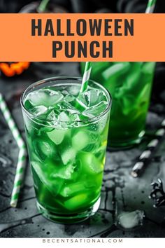 two glasses filled with green drinks and the words halloween punch in orange overlays