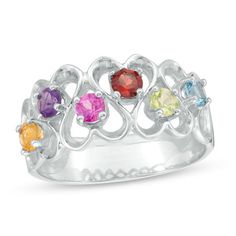 This mother's ring can be personalized with three to seven 3.0mm birthstones, representing her family or loved ones, each surrounded by a polished heart-shaped frame and set along the rings shank in a zig-zag pattern to complete the look. Sterling silver rings cannot be resized after purchase. Heart Cut Multi-stone Anniversary Rings, Heart Cut Birthstone Rings For Birthday, Heart Cut Birthstone Rings For Birthdays, Oval Heart Birthstone Ring Fine Jewelry, Multicolor Jewelry With Prong Setting For Anniversary, Heart Shaped Sterling Silver Birthstone Ring For Birthday, Sterling Silver Heart-shaped Birthstone Ring For Birthday, Multicolor Oval Birthstone Promise Ring, Heart Cut Birthstone Jewelry For Birthday