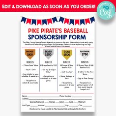 a printable coup for the pirates baseball sponsor form, with red white and blue bunting