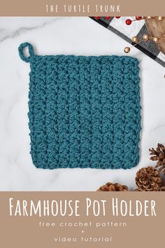 the farmhouse pot holder crochet pattern is shown with pine cones and other decorations