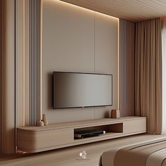 a flat screen tv sitting on top of a wooden entertainment center next to a window