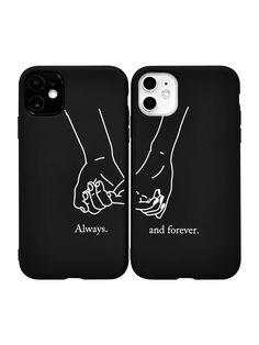 two hands holding each other with the words, always and forever on black phone cases