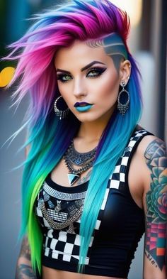 Punk Hair Women, Kelly Hair, Magenta Hair Colors, Steampunk Photography, Holographic Hair, Clown Paintings, Bold Hair Color, Rainbow Hair Color