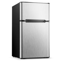 a silver and black refrigerator on a white background