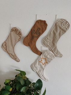 three baby booties hanging on the wall next to a potted plant