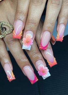 creators IG: @amberosenails Beautiful Coral Coloured orange/pink floral Autumn Nails 2024 Nails For Tropical Vacation, Vacation Nails Beach Mexico, Moana Nails, Vacation Nails Summer, Sassy Nails